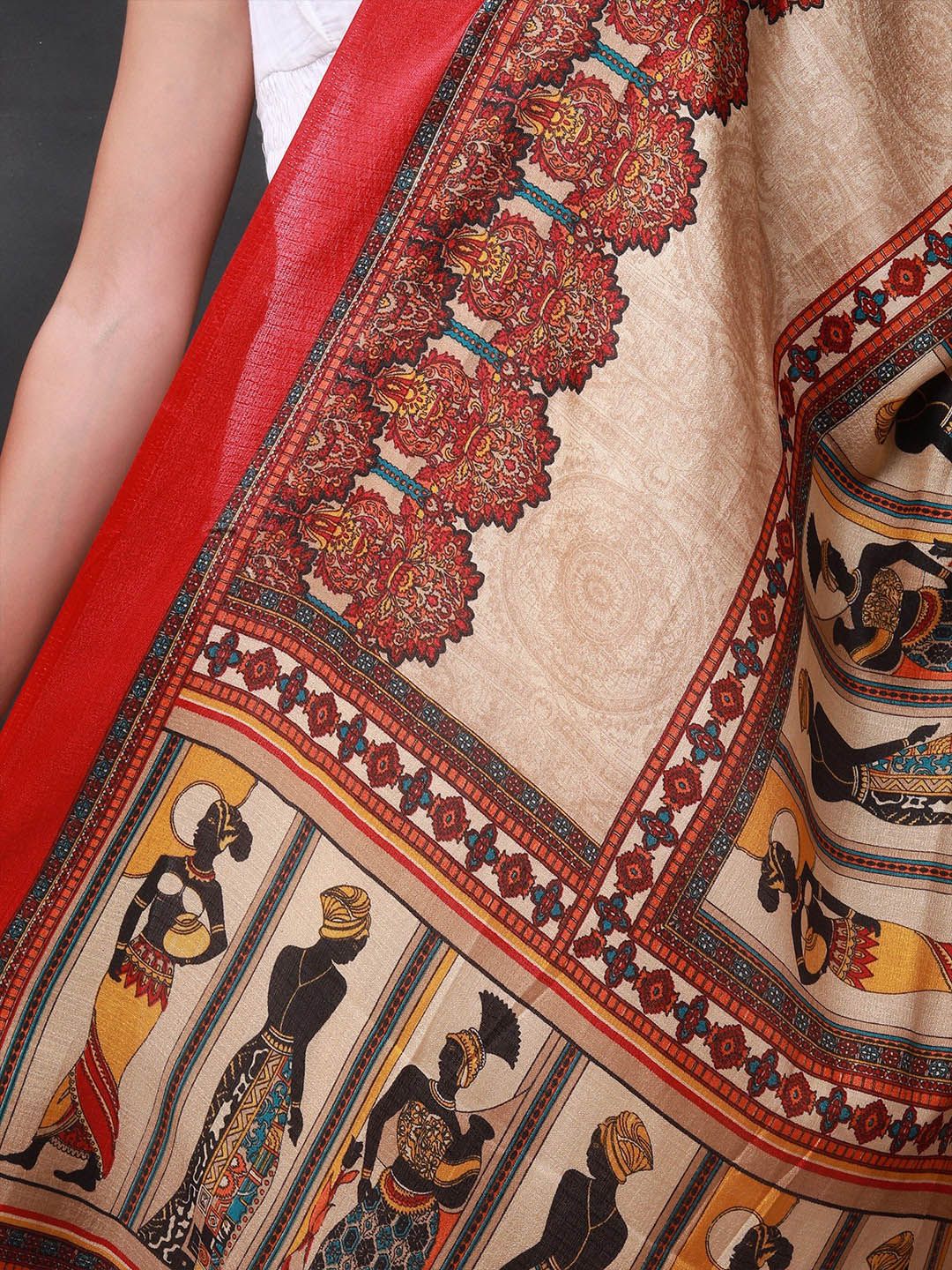 Exotic India Red Batik Afro Women Motif Printed Banglori Satin Dupatta
