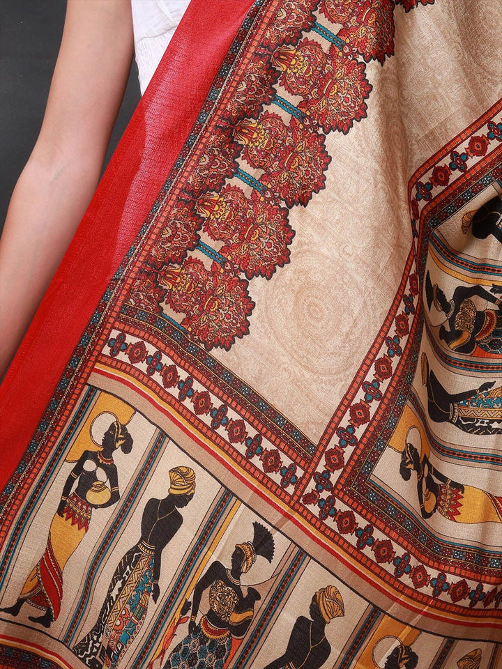 Exotic India Red Batik Afro Women Motif Printed Banglori Satin Dupatta
