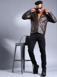 The Indian Garage Co Men Brown Solid Faux Biker Jacket