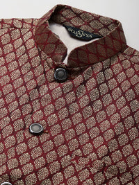 SOJANYA Men Green & Maroon Ethnic Motifs Kurta with Churidar & Nehru Jacket