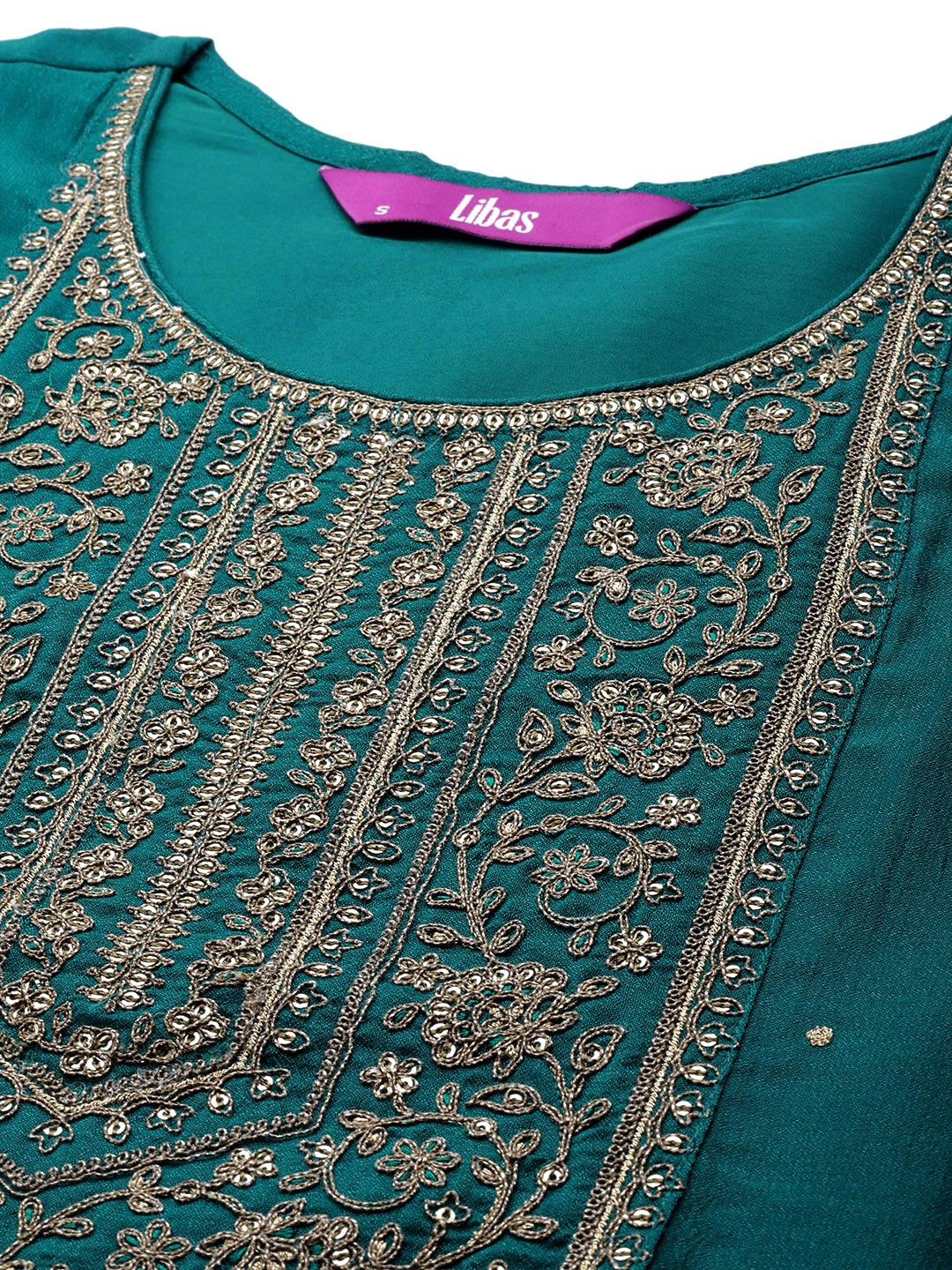 Libas Women Teal Blue & Golden Yoke Design Kurta