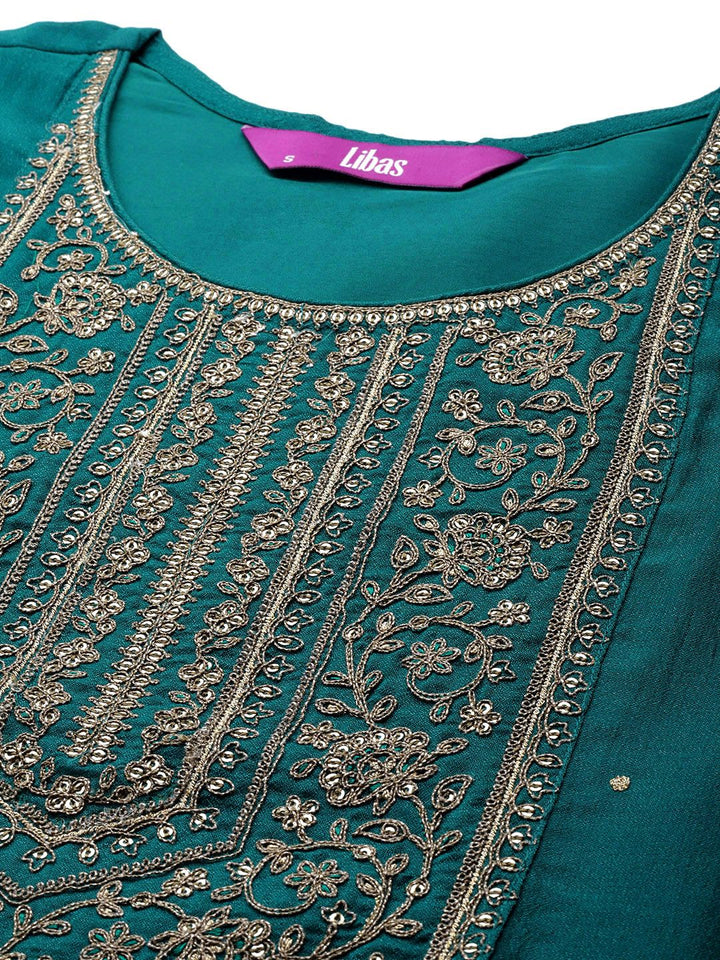 Libas Women Teal Blue & Golden Yoke Design Kurta