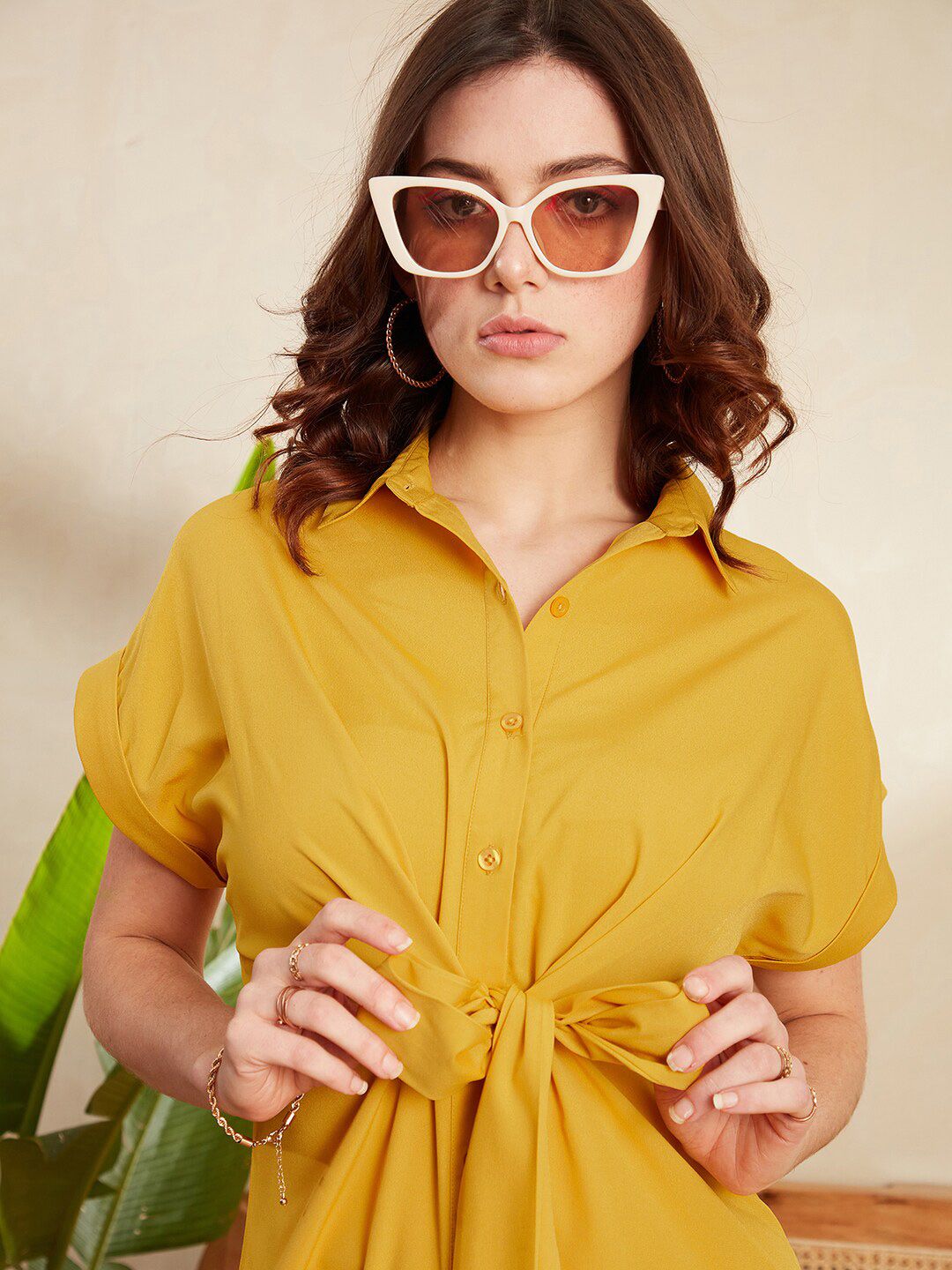 Berrylush Mustard Yellow Shirt Collar Extended Sleeves Tie-Up Detailed Midi Shirt Dress