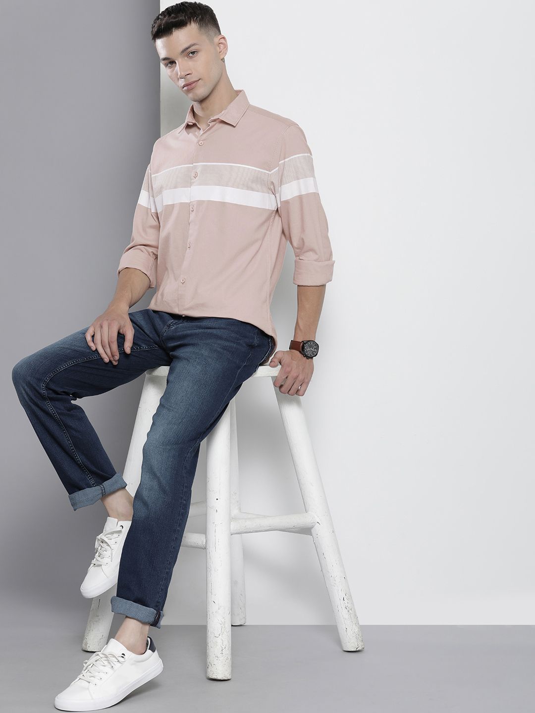 The Indian Garage Co Men Dusty Pink Horizontal Stripes Casual Cotton Shirt