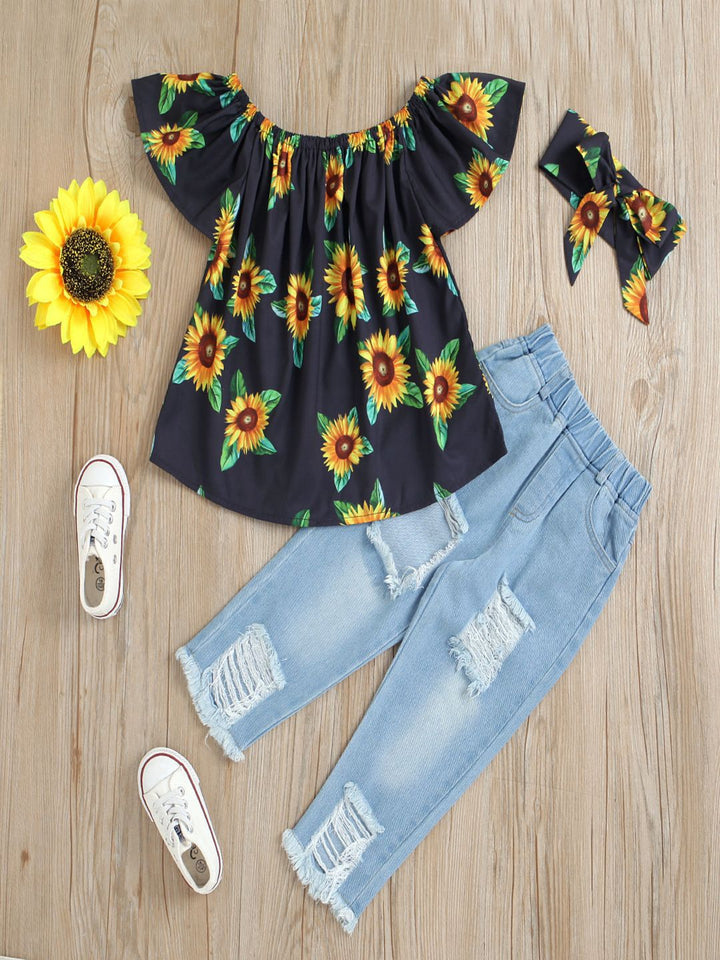 YK Girls Sun Flower Printed Top With Trousers