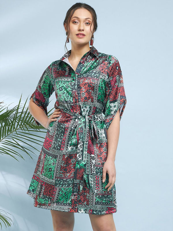 Antheaa Tropical Printed Shirt Collar Satin Fit & Flare Dress