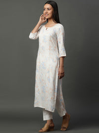 AURELIA Floral Printed Keyhole Neck Three Quarter Sleeves Thread Work Kurta
