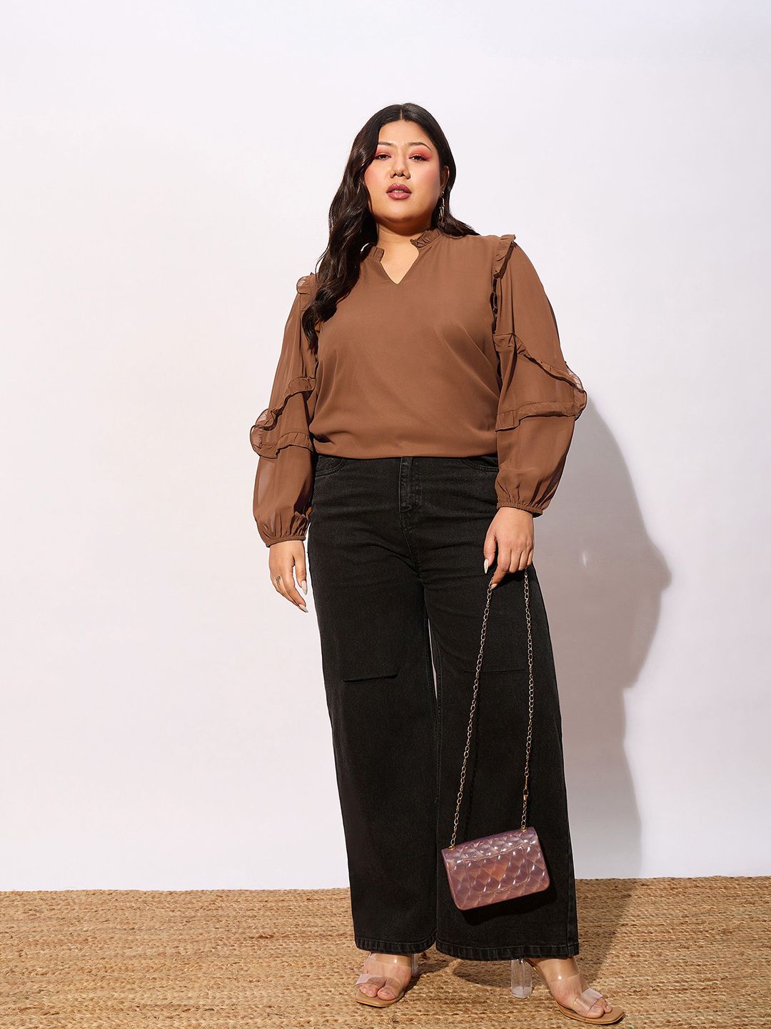 SASSAFRAS Curve Plus Size V-Neck Ruffles Georgette Top