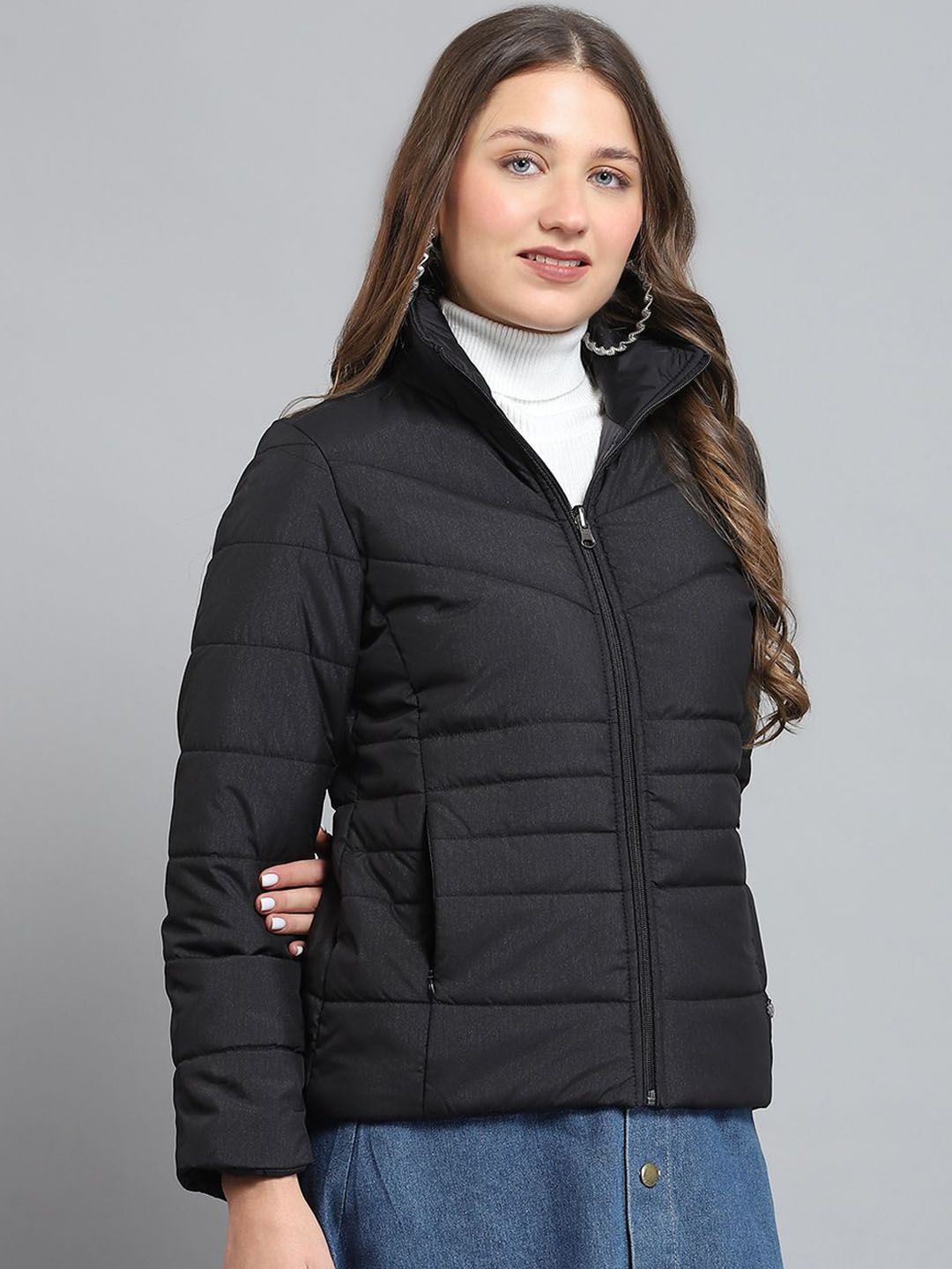 Monte Carlo Women Mock Collar Solid Casual Lightweight Padded Jacket