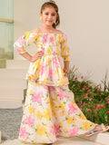 pspeaches Girls Floral Printed Regular Pure Cotton Kurta with Palazzos