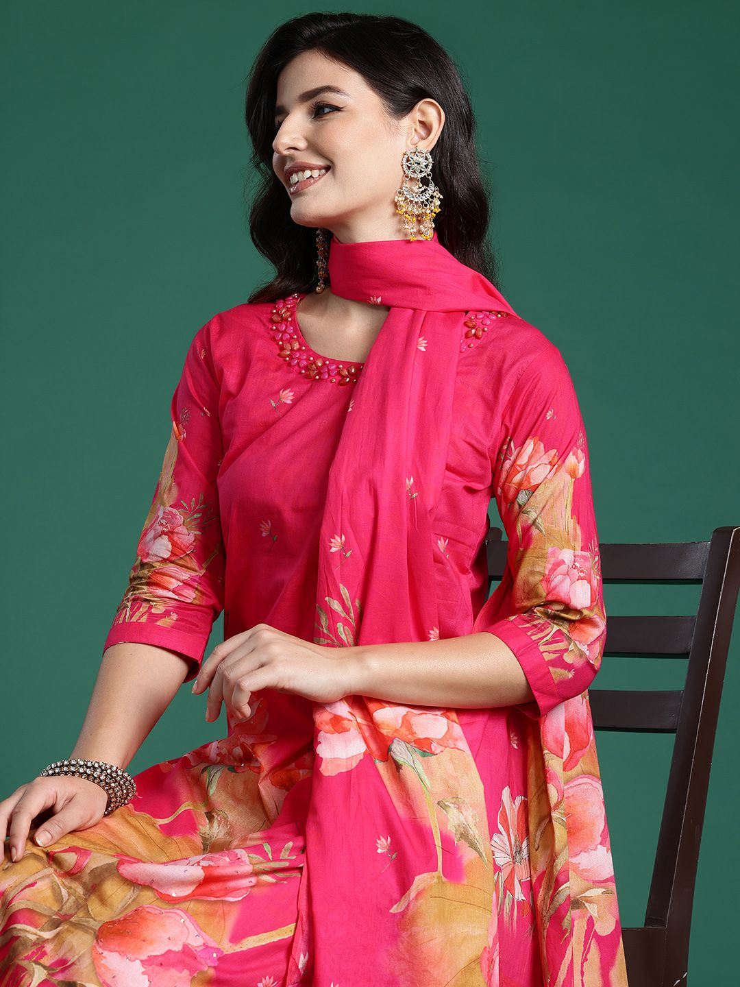 Indo Era Floral Printed Beads & Stones Pure Cotton Kurta With Trousers & Dupatta
