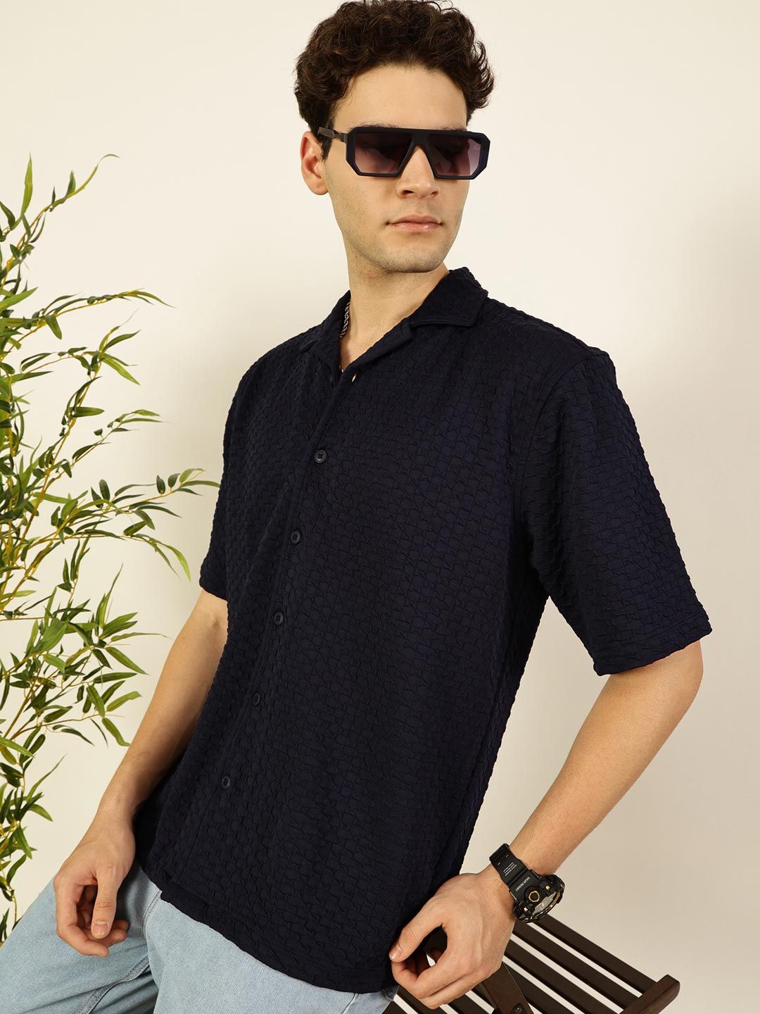 Thomas Scott Men Premium Cuban Collar Textured Cotton Relaxed Fit Casual Shirt