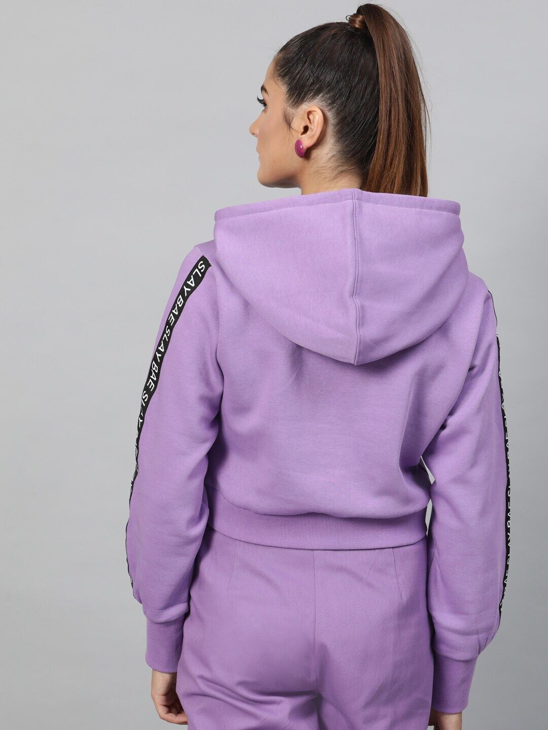 STREET 9 Women Lavender Solid Hooded Crop Sweatshirt