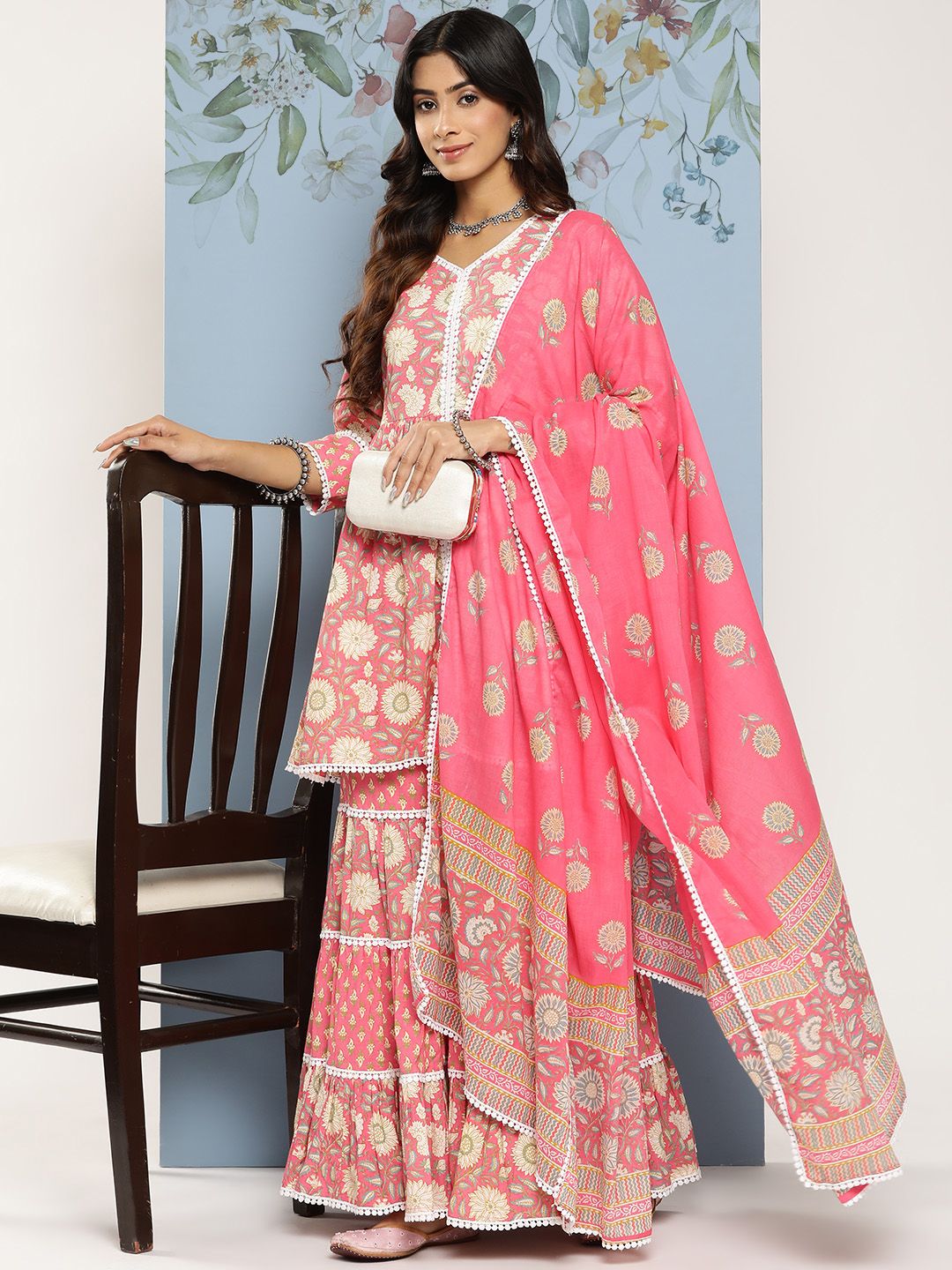 Libas Women Floral Printed Empire Pure Cotton Kurti With Sharara & With Dupatta