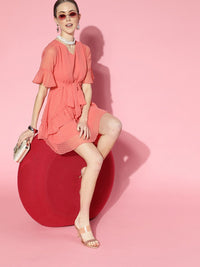 Berrylush Pink Self Design Ruffle Detail Dress