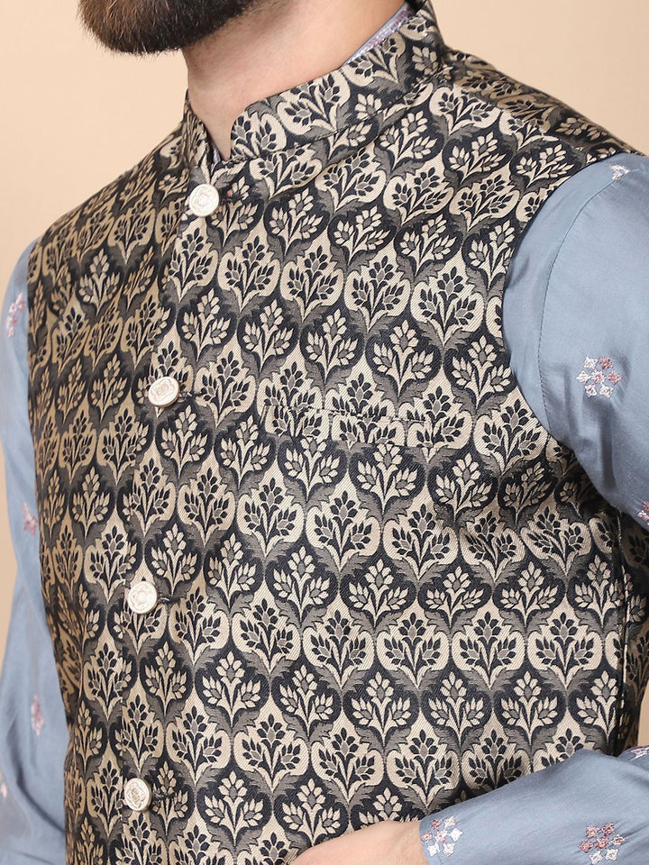 Anouk Grey Floral Embroidered Sequinned Cotton Silk Kurta with Churidar & Nehru Jacket