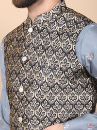 Anouk Grey Floral Embroidered Sequinned Cotton Silk Kurta with Churidar & Nehru Jacket