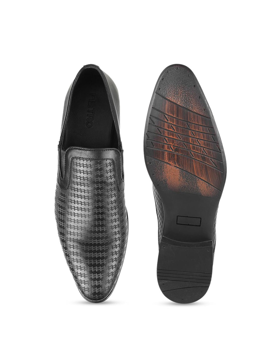 Metro Men Textured Round Toe Leather Formal Slip-On Shoes