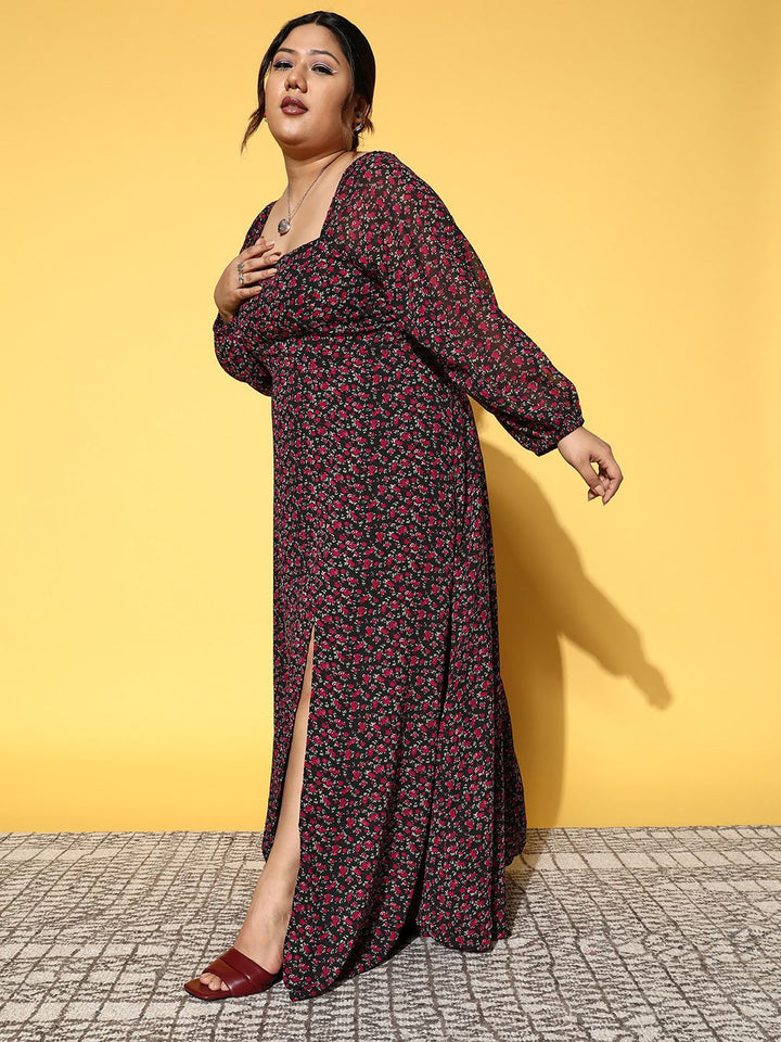Berrylush Curve Floral Square Neck Georgette Flared Maxi Dress