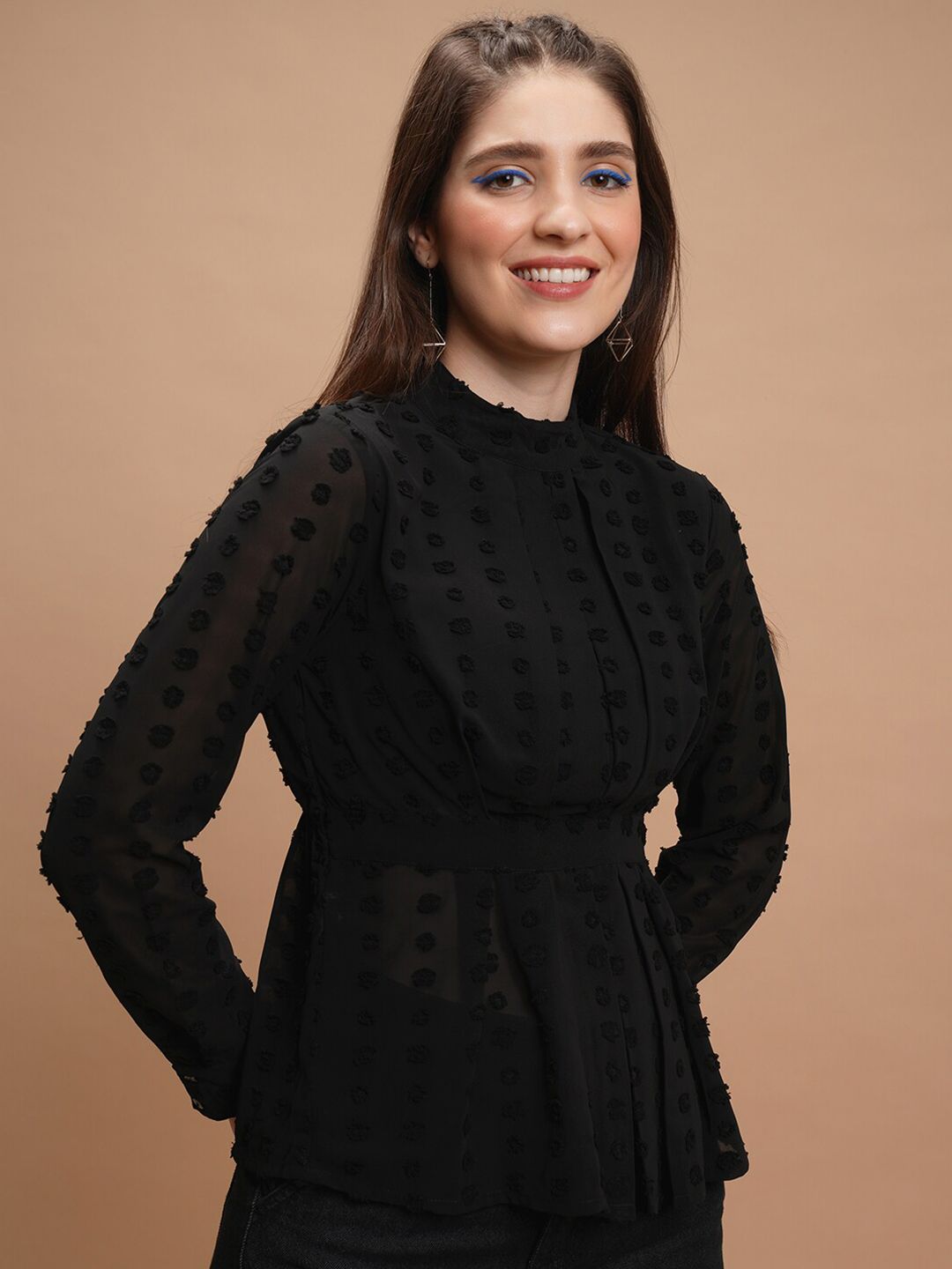 Tokyo Talkies Black Self Design High Neck Peplum Top