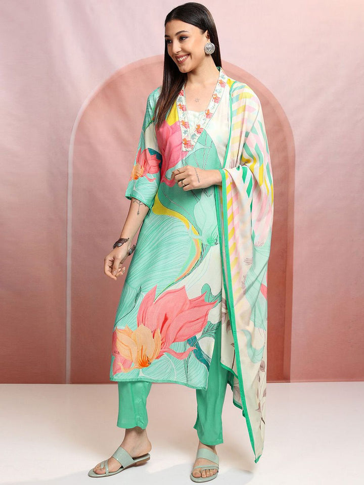 Vishudh Green Floral Printed V-Neck Straight Kurta With Trousers & Dupatta