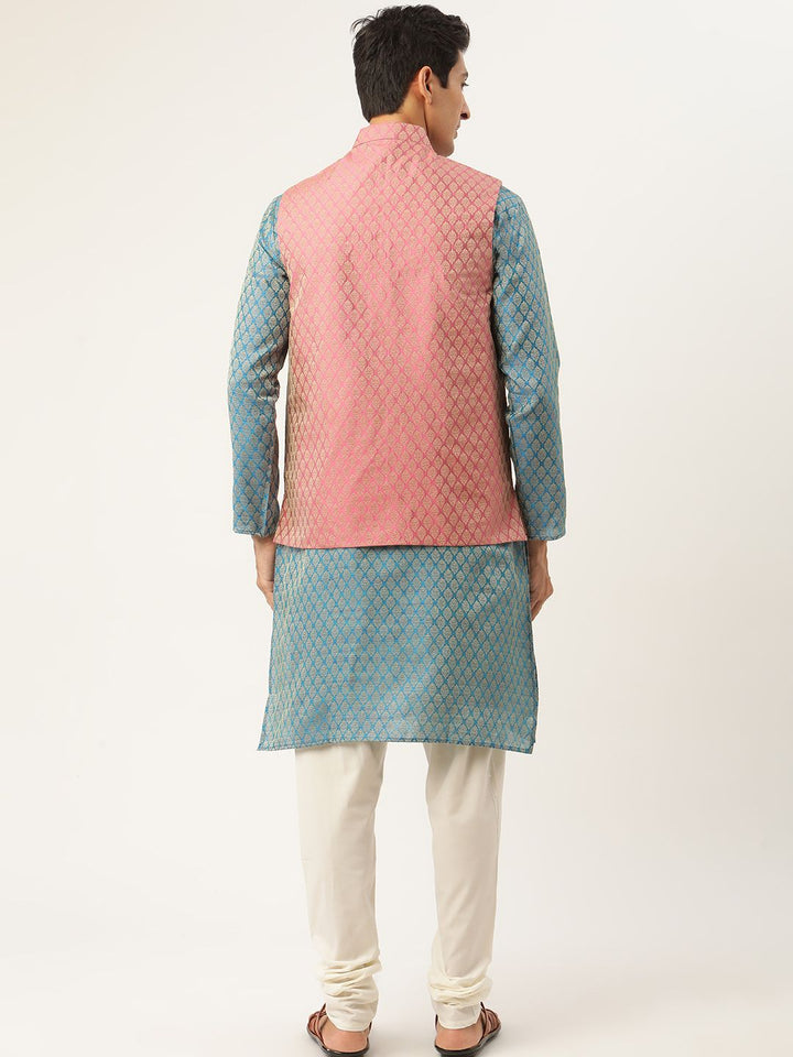 SOJANYA Men Blue Ethnic Motifs Kurta with Churidar & Nehru Jacket