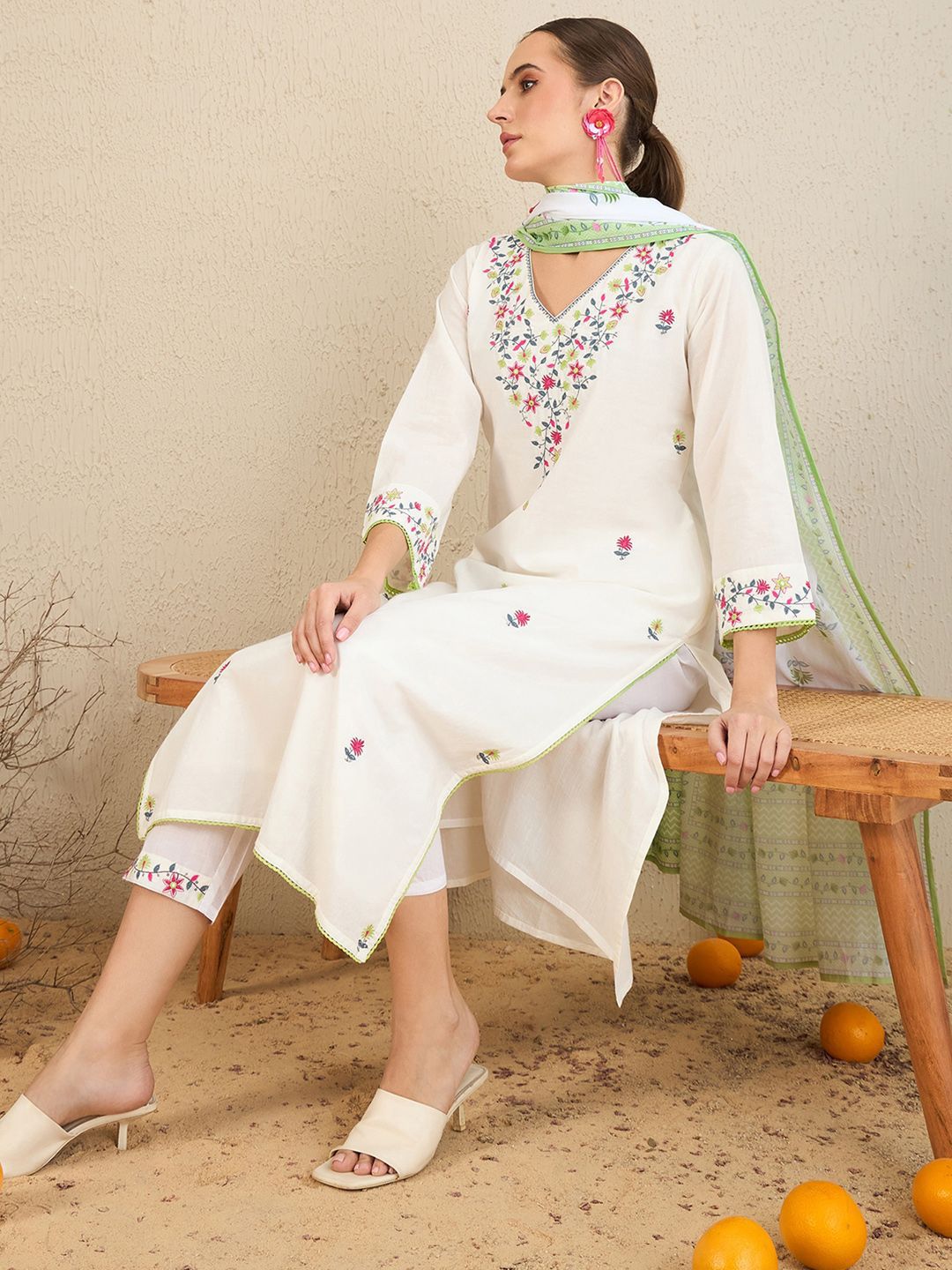 Indo Era Floral Embroidered Pure Cotton Kurta With Trousers & Dupatta