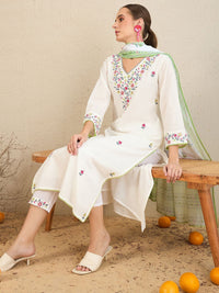 Indo Era Floral Embroidered Pure Cotton Kurta With Trousers & Dupatta