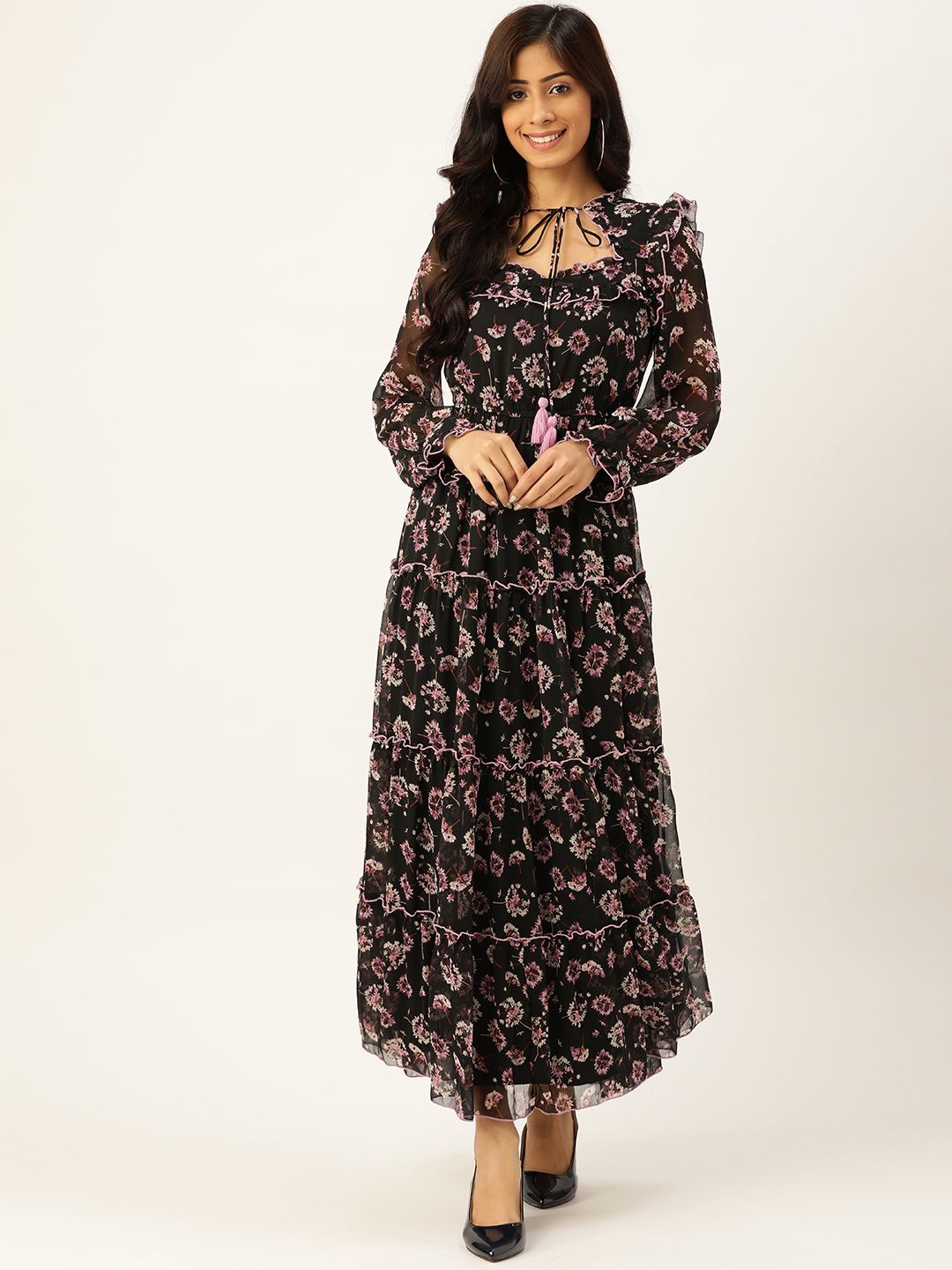 Antheaa Women Black & Lavender Floral Tie-Up Neck Maxi Dress