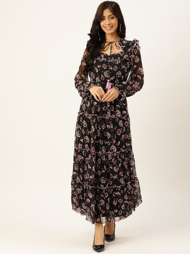 Antheaa Women Black & Lavender Floral Tie-Up Neck Maxi Dress