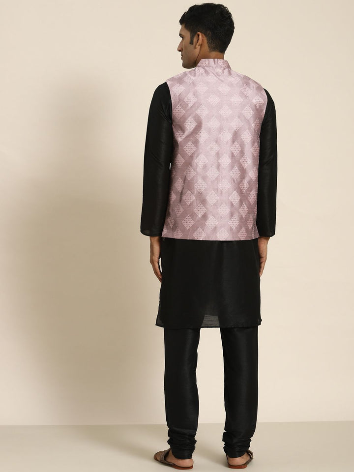 SOJANYA Men Black Kurta with Churidar with Nehru Jacket