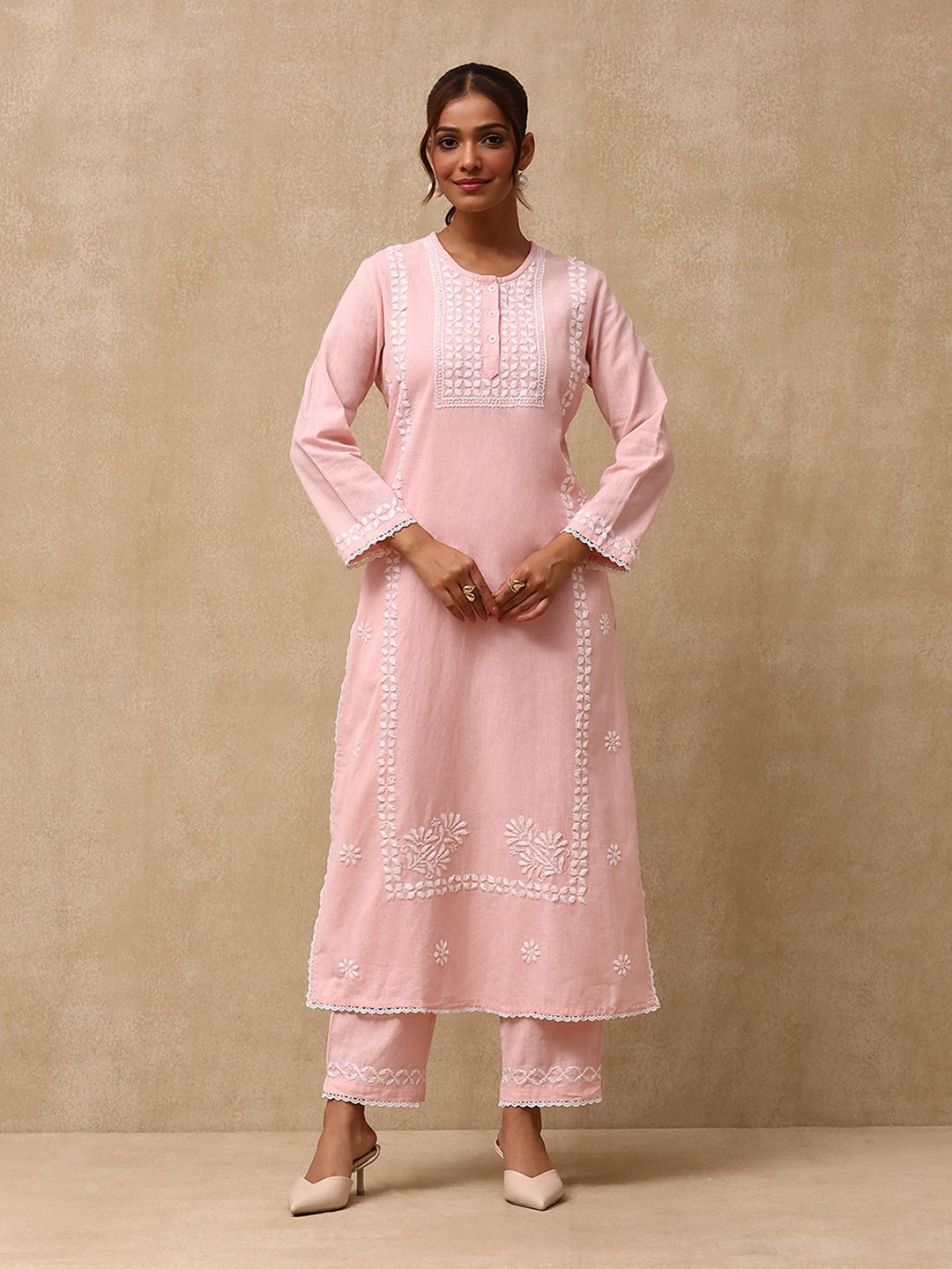 House of Chikankari Women Peach Cotton Chikankari Sulam Set Kurta