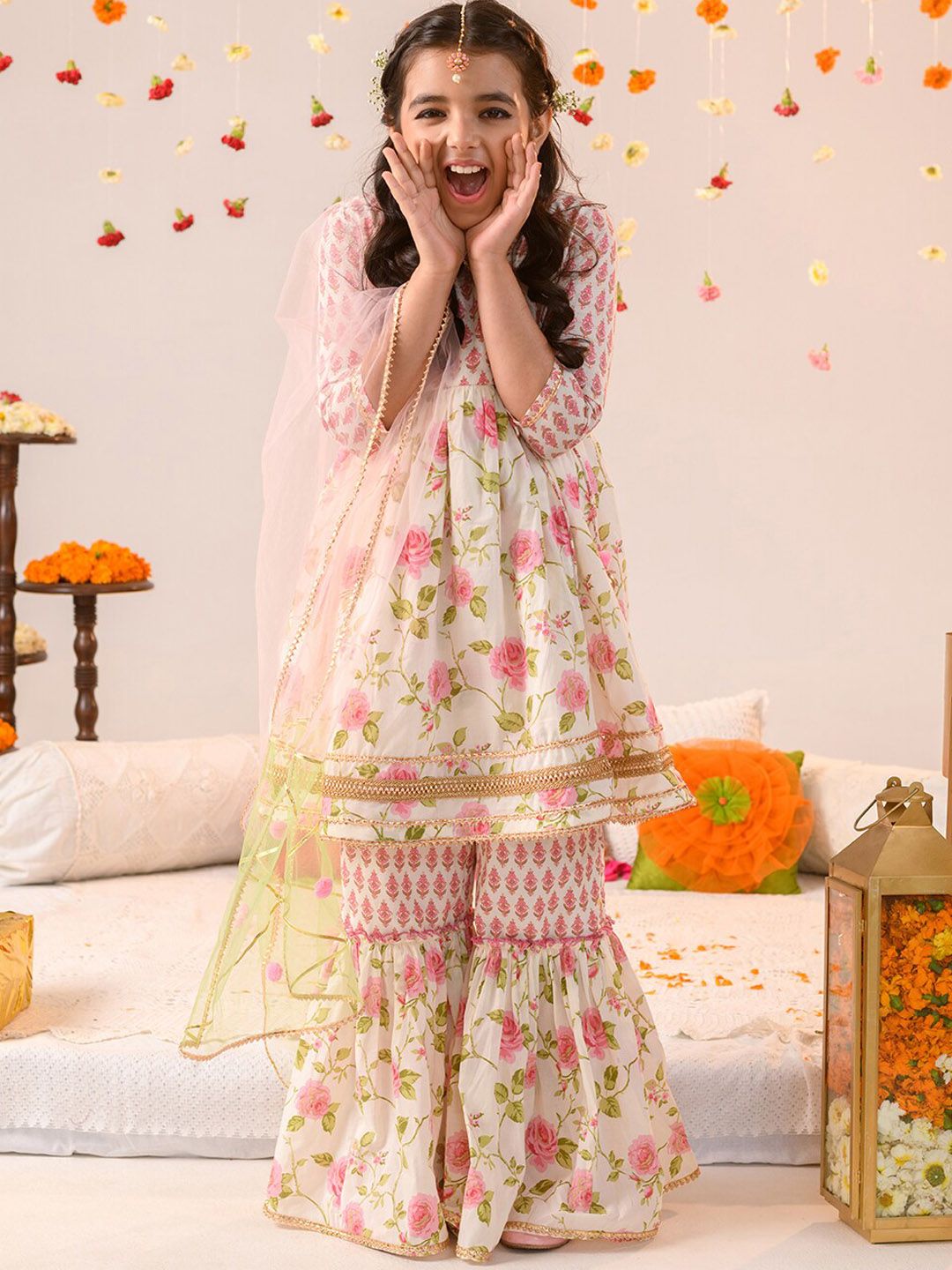 pspeaches Girls Floral Printed Angrakha Gotta Patti Cotton Kurti With Sharara & Dupatta