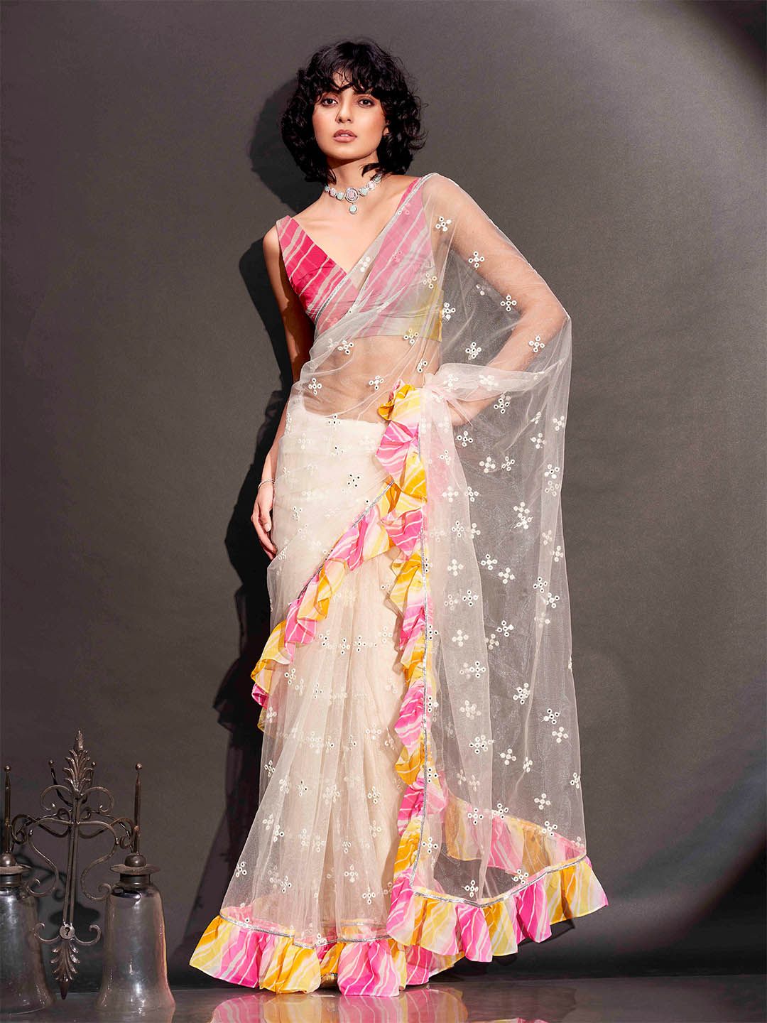 Tikhi Imli Mirror Work Net Saree