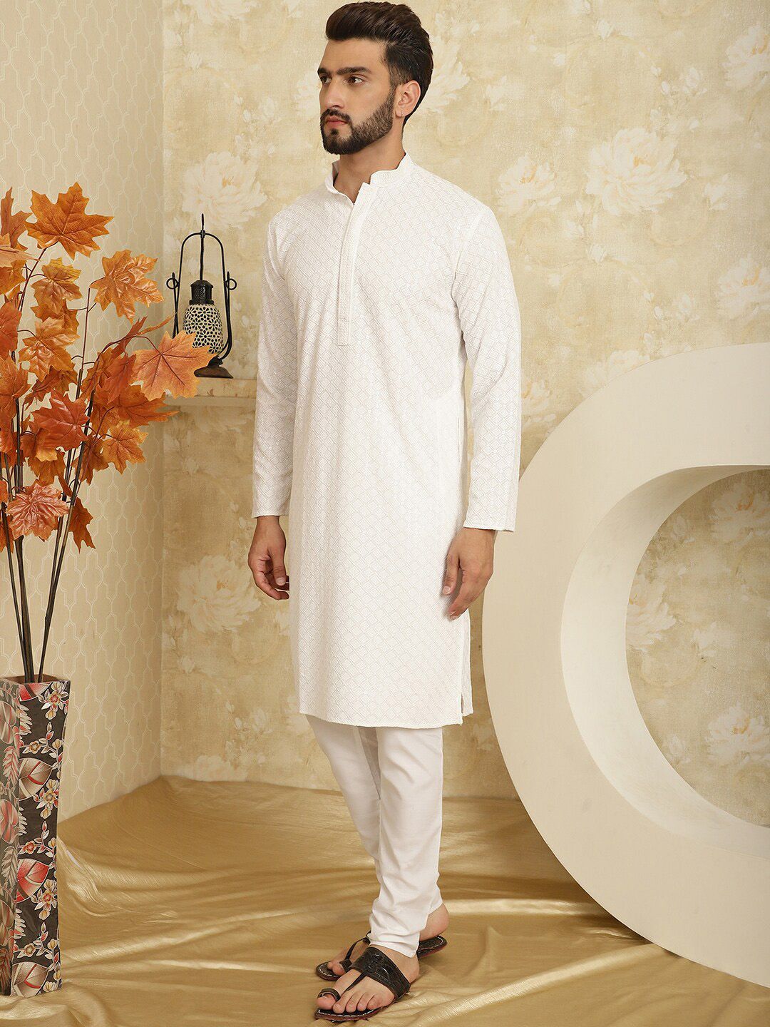 SOJANYA Ethnic Motifs Embroidered Sequinned Pure Cotton Kurta with Churidar