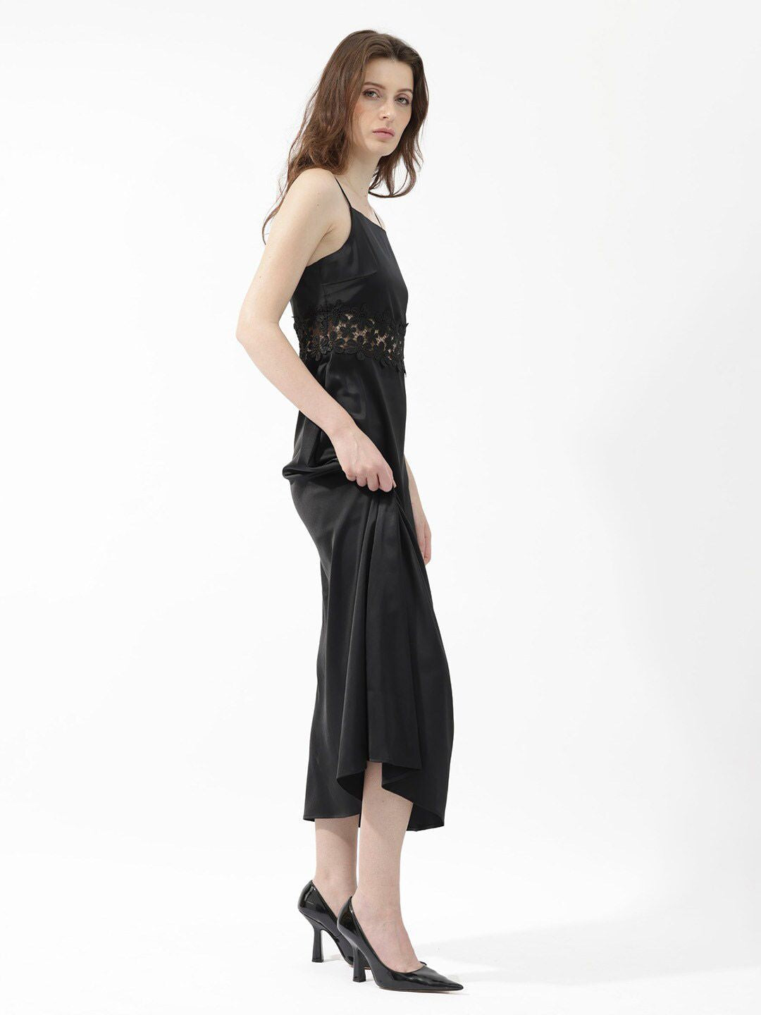 RAREISM Shoulder Straps Lace Inserts Fit & Flare Midi Dress