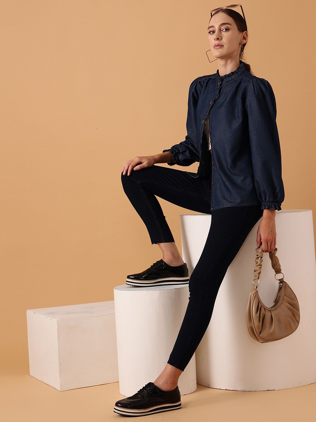 STREET 9 Comfort Band Collar Puff Sleeve Denim Casual Shirt
