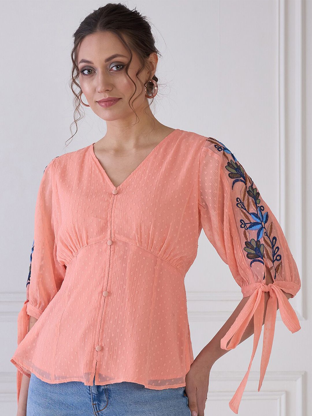 Antheaa Polka Dot Puff Sleeve V-Neck Chiffon Cinched Waist Top