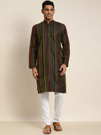 SOJANYA Men Green & Black Floral Thread Work Kurta