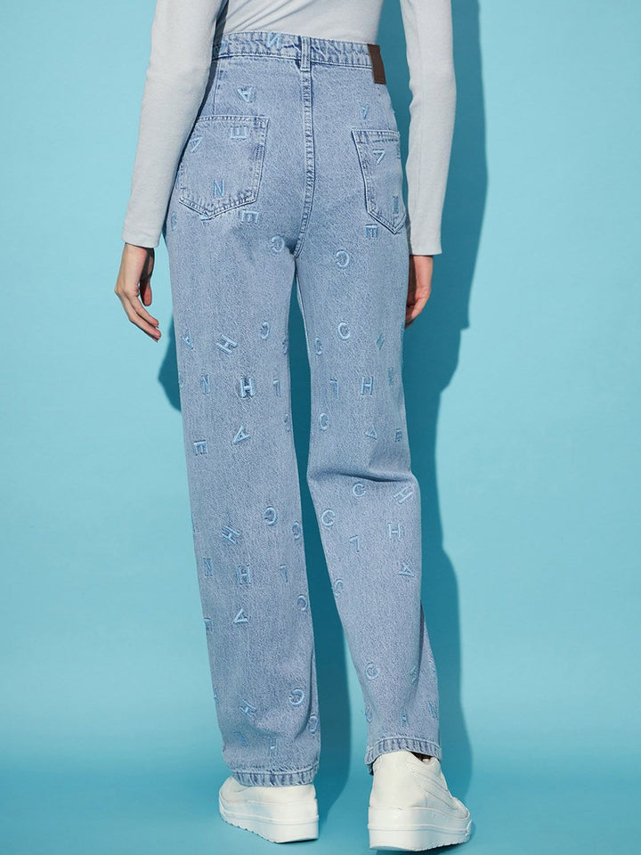 STREET 9 Women Blue Embroidered Clean Look Straight Fit High-Rise Pure Cotton Jeans
