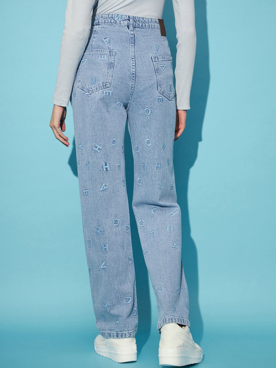 STREET 9 Women Blue Embroidered Clean Look Straight Fit High-Rise Pure Cotton Jeans