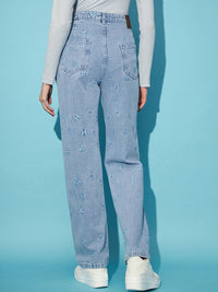 STREET 9 Women Blue Embroidered Clean Look Straight Fit High-Rise Pure Cotton Jeans
