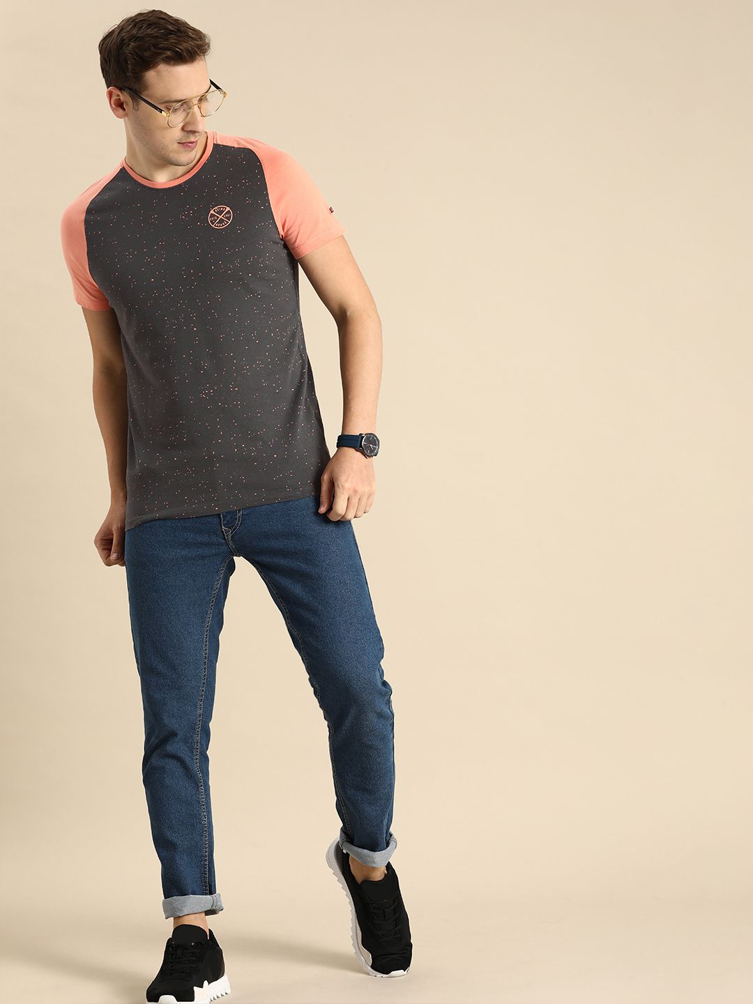 Being Human Men Charcoal & Peach-Coloured Colourblocked Pure Cotton T-shirt