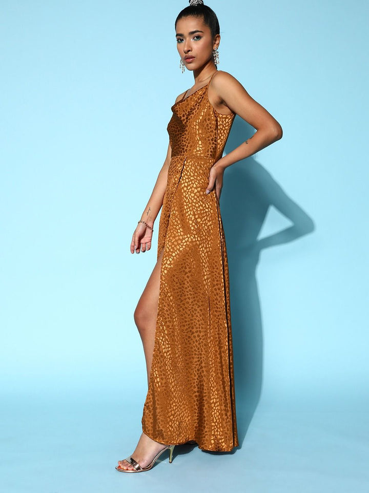 Berrylush Brown Cowl Neck Satin Front Slit A-Line Maxi Dress