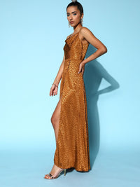 Berrylush Brown Cowl Neck Satin Front Slit A-Line Maxi Dress