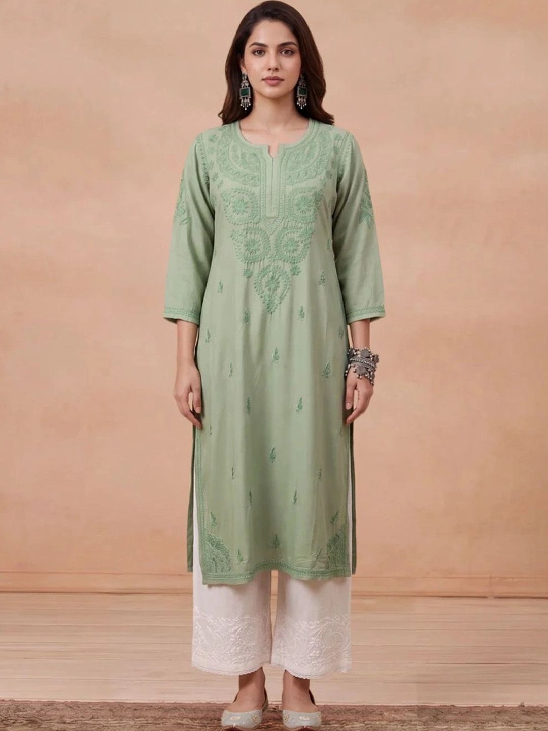Rumah Wanita Chikankari Motif Etnik Sulam Benang Kerja Kurta