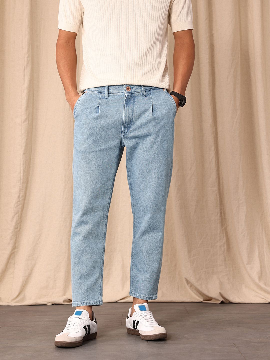 Mr Bowerbird Men Tapered Cropped Fit Light Fade Stretchable Pleated Jeans