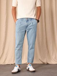 Mr Bowerbird Men Tapered Cropped Fit Light Fade Stretchable Pleated Jeans