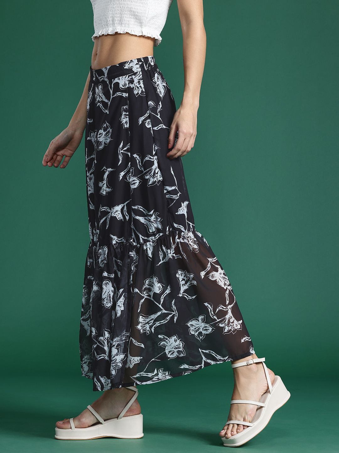 DressBerry Floral Print Slit Midi Skirt