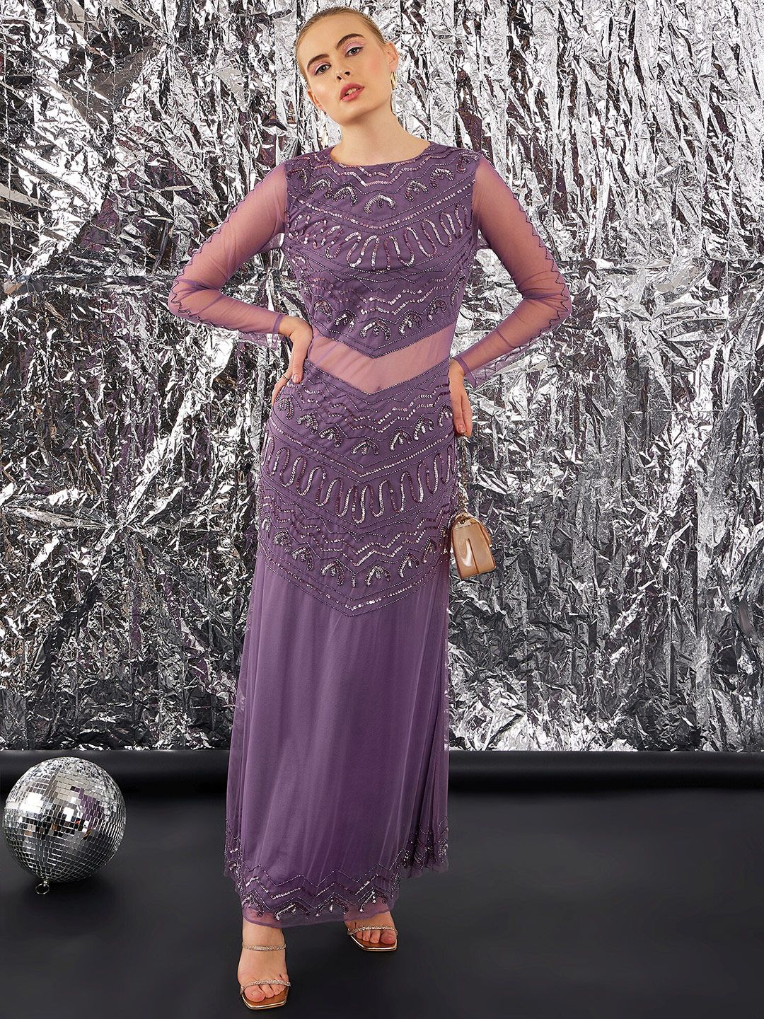 STREET 9 Lavender Print Lavender Embellished Net Sheath Dress